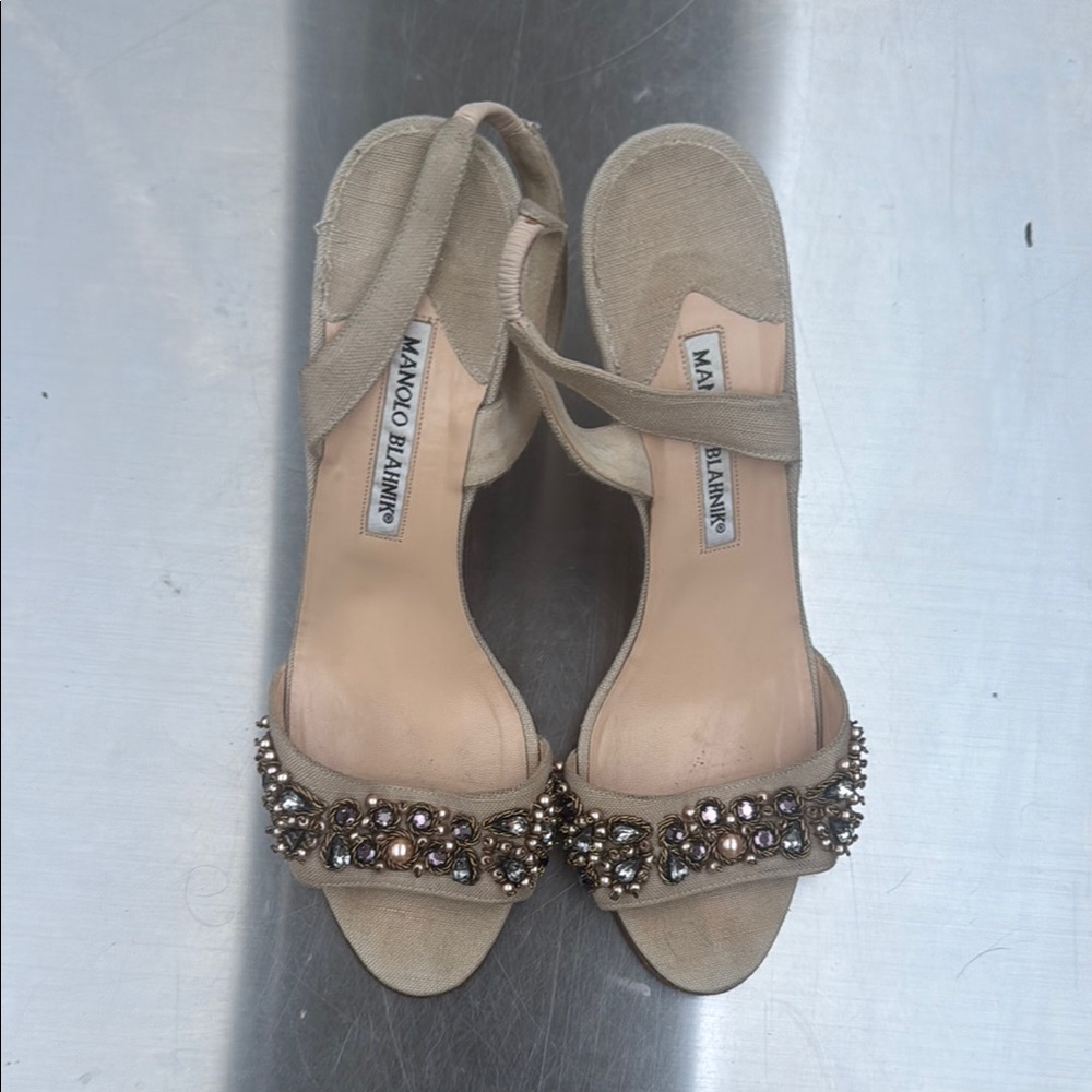Manolo Blahnik Beige Embellished Women's Sandals
